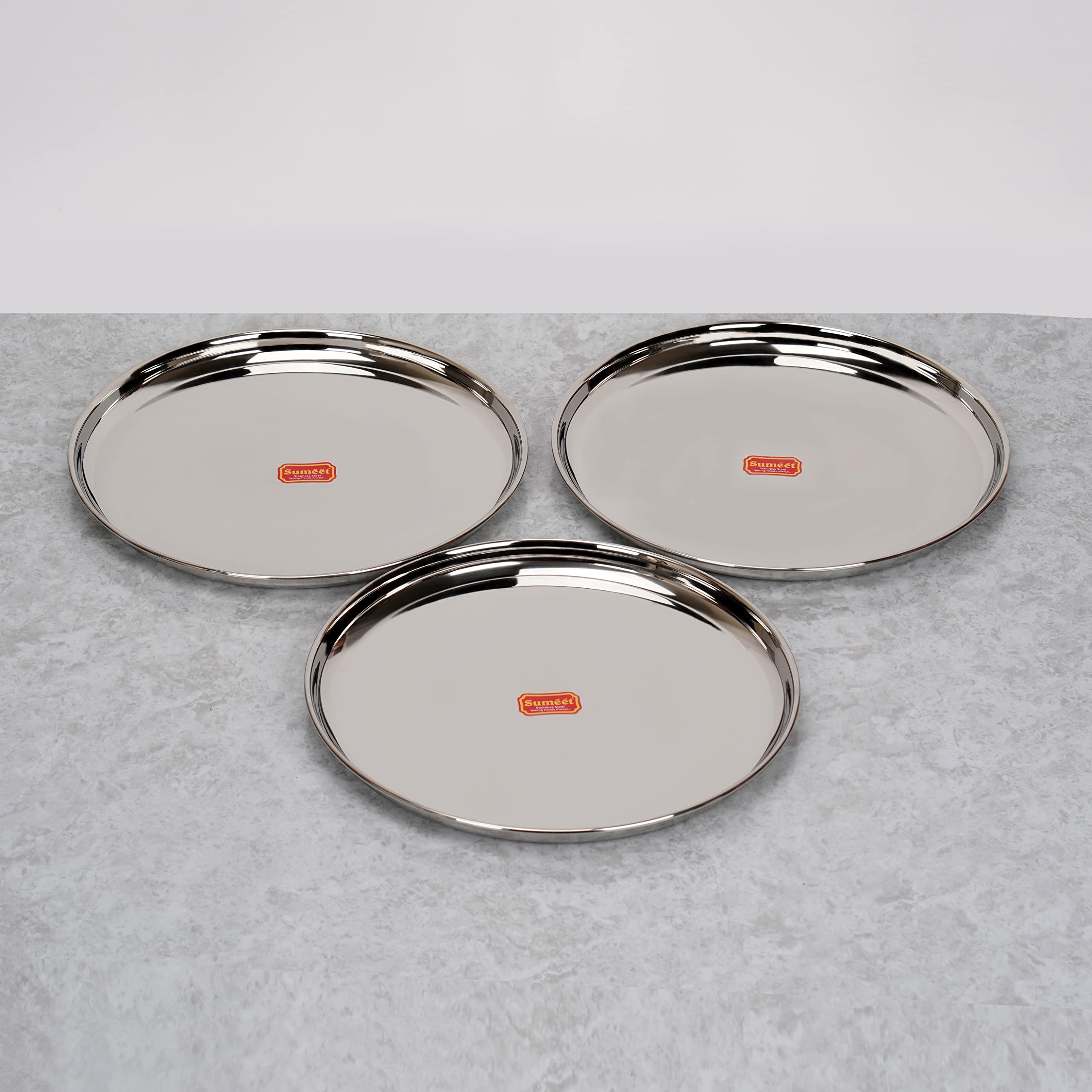 Sumeet Stainless-Steel Heavy Gauge Dinner Plates with Mirror Finish-32.3cm Dia, Set of 3pc, Silver